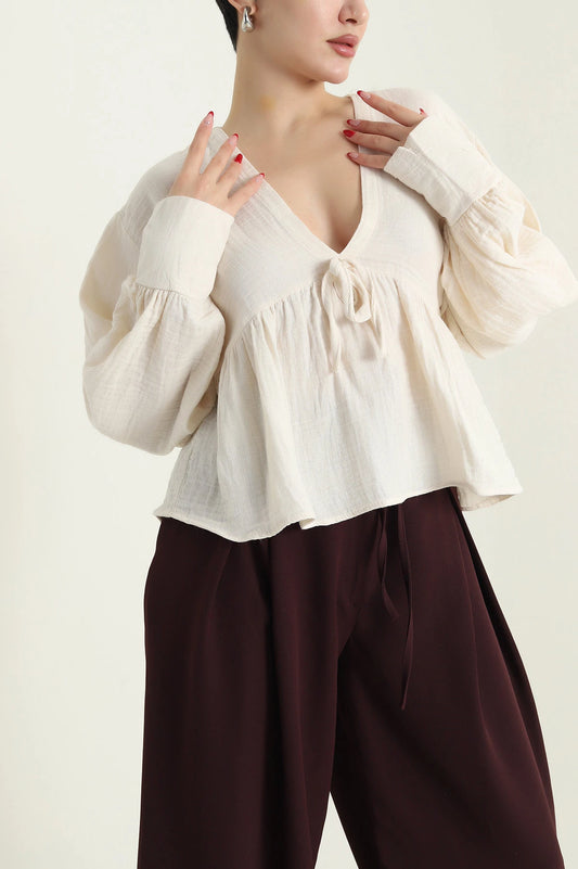 Cream Muslin Linen Women's Shirt - Denoss