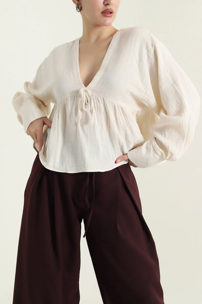 Cream Muslin Linen Women's Shirt - Denoss