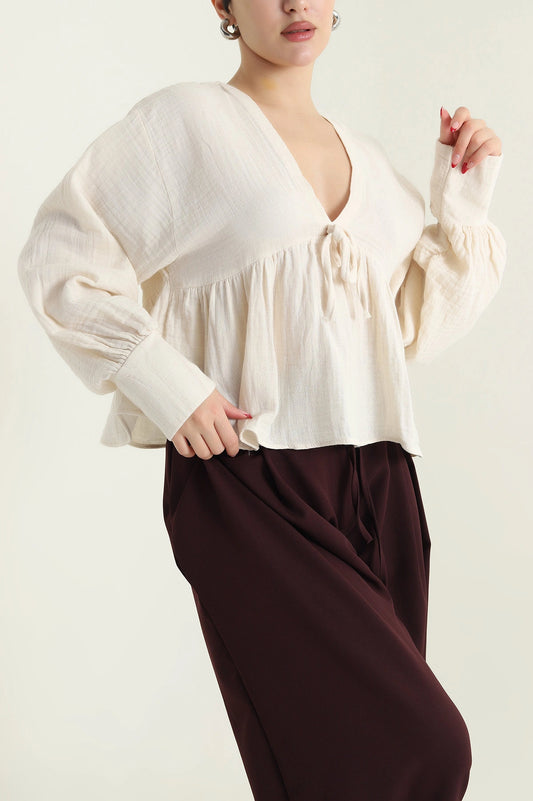 Cream Muslin Linen Women's Shirt - Denoss