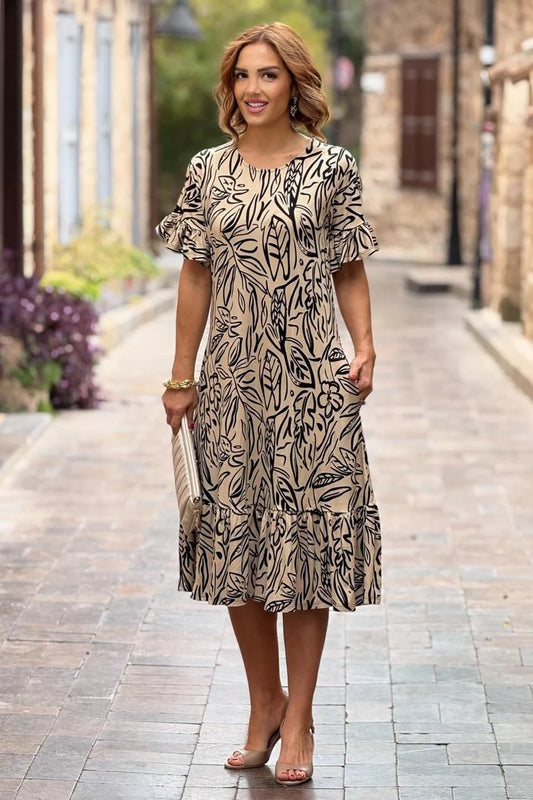 Cream Leaves Plus Size Dress with Ruffled Skirt - Denoss