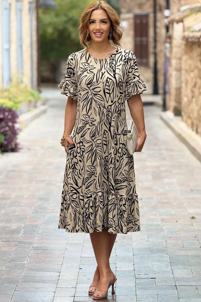 Cream Leaves Plus Size Dress with Ruffled Skirt - Denoss