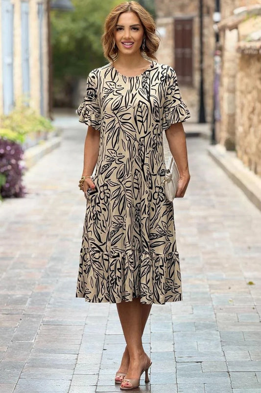 Cream Leaves Plus Size Dress with Ruffled Skirt - Denoss