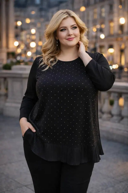 Crystal Fabric Black Blouse with Pleated Hem and Stone Embellishments - Denoss