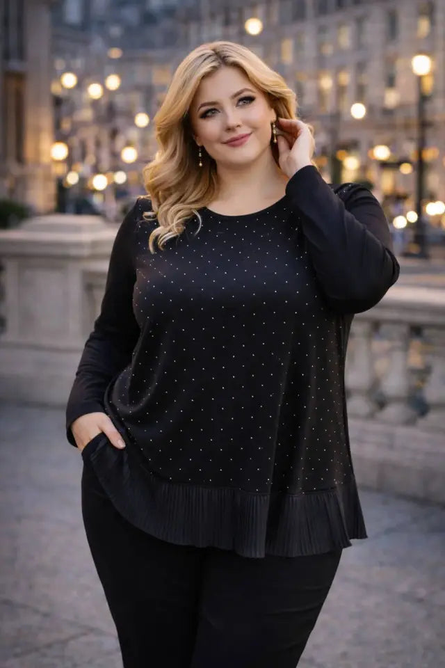 Crystal Fabric Black Blouse with Pleated Hem and Stone Embellishments - Denoss
