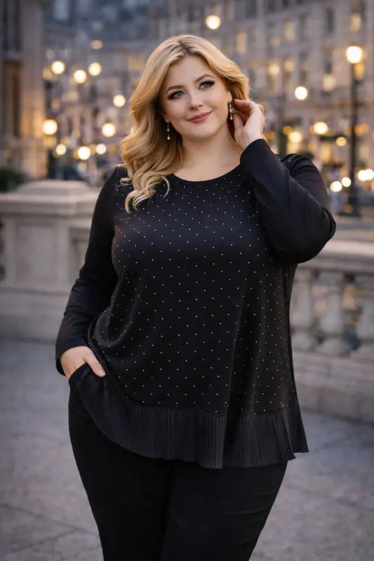 Crystal Fabric Black Blouse with Pleated Hem and Stone Embellishments - Denoss