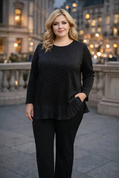 Crystal Fabric Black Blouse with Pleated Hem and Stone Embellishments - Denoss