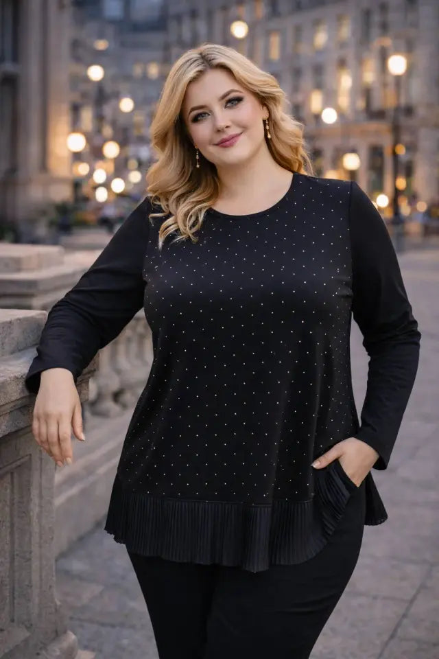 Crystal Fabric Black Blouse with Pleated Hem and Stone Embellishments - Denoss