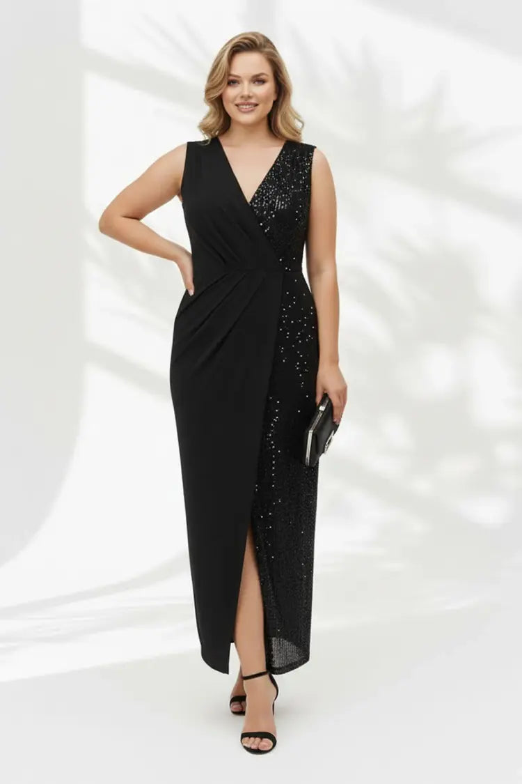Short-Sleeved Black Dress with Sequin Pleat Details - Denoss