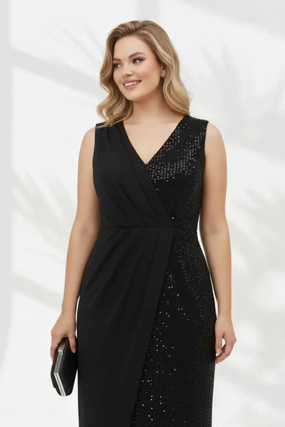 Short-Sleeved Black Dress with Sequin Pleat Details - Denoss