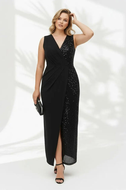 Short-Sleeved Black Dress with Sequin Pleat Details - Denoss