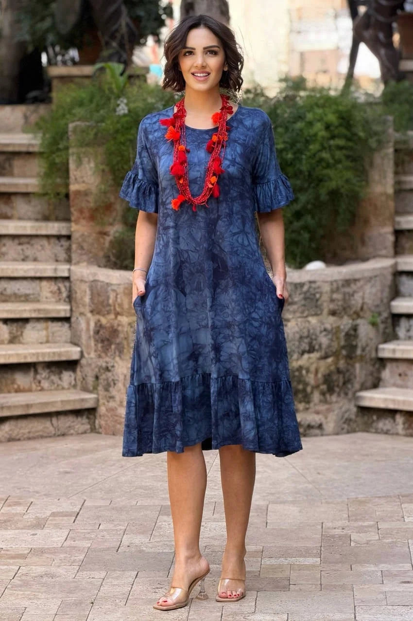 Navy Plus Size Cotton Batik Dress with Ruffled Skirt - Denoss