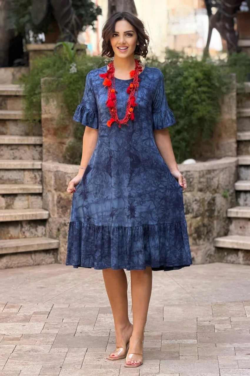 Navy Plus Size Cotton Batik Dress with Ruffled Skirt - Denoss