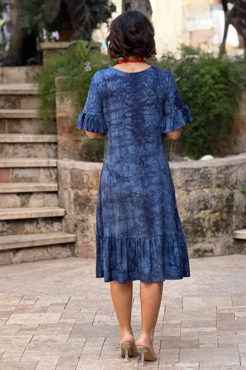 Navy Plus Size Cotton Batik Dress with Ruffled Skirt - Denoss