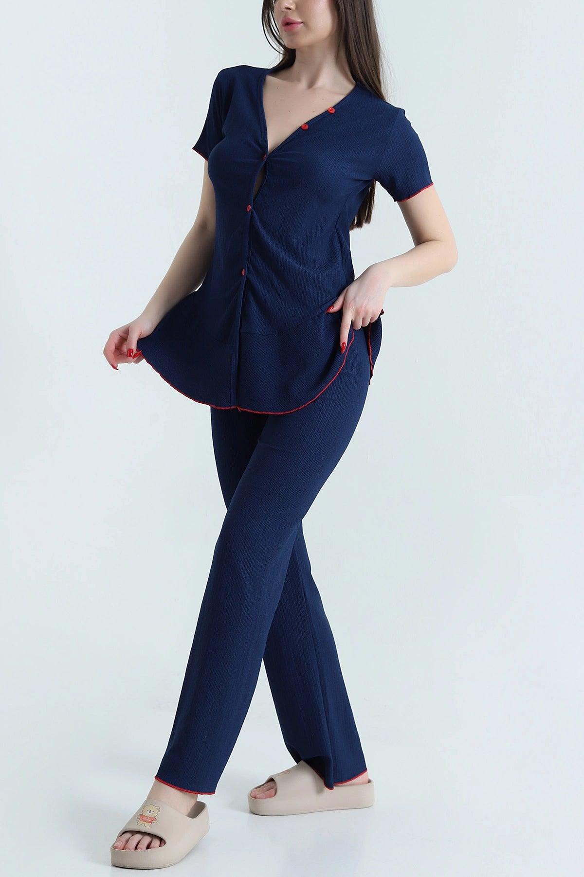 Navy Blue Twill Fabric Buttoned Women's Pajama Set - Denoss