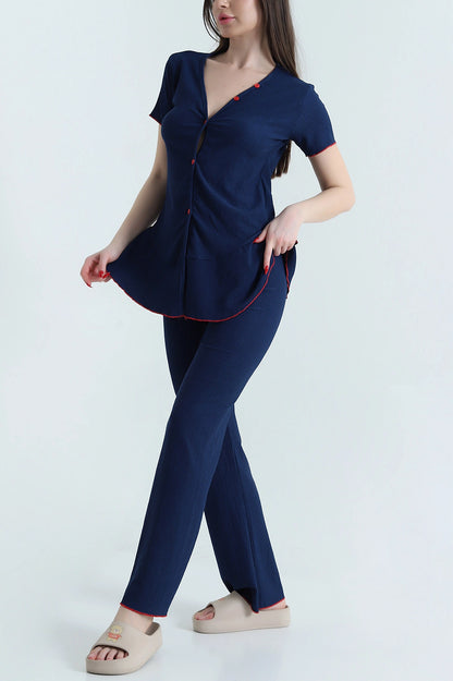 Navy Blue Twill Fabric Buttoned Women's Pajama Set - Denoss