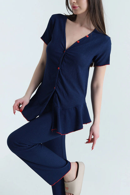 Navy Blue Twill Fabric Buttoned Women's Pajama Set - Denoss