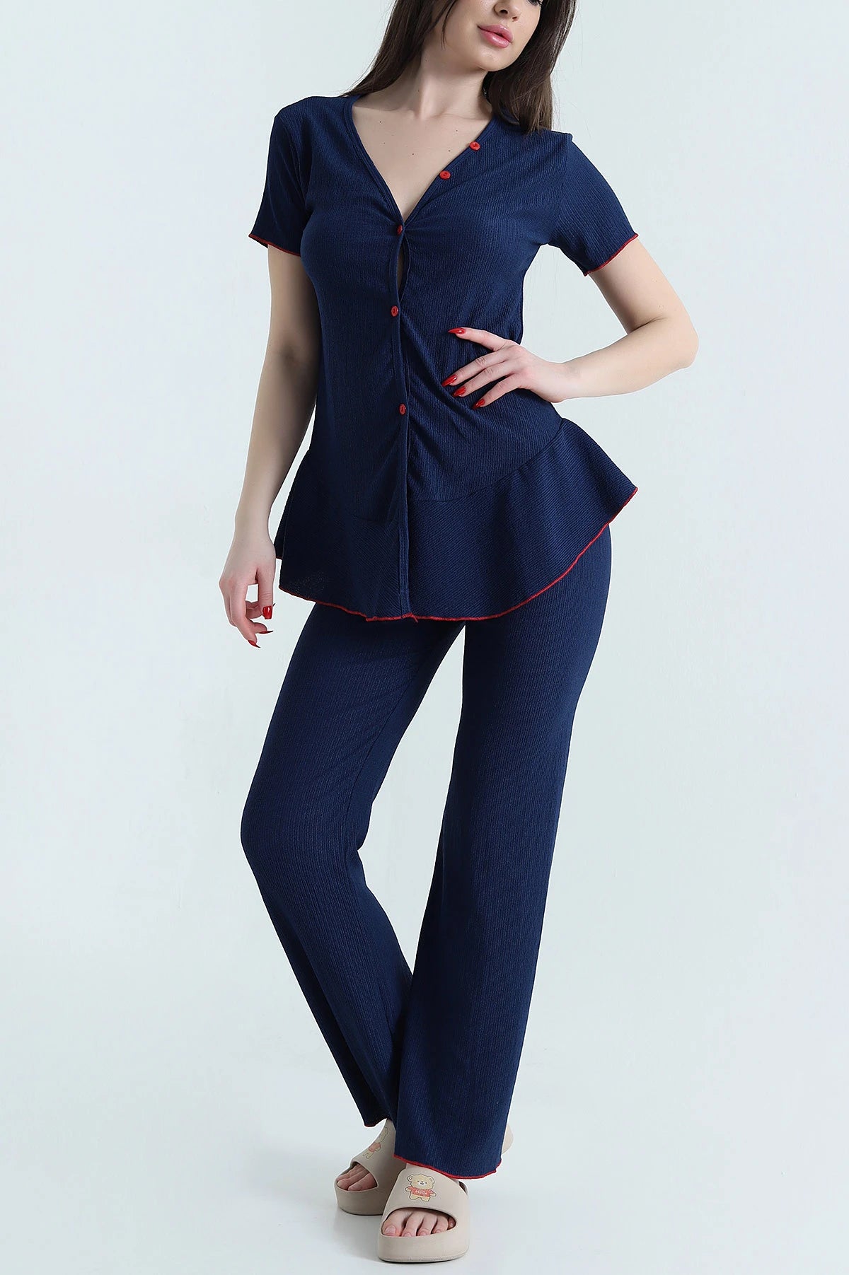 Navy Blue Twill Fabric Buttoned Women's Pajama Set - Denoss