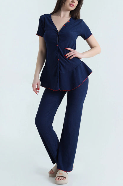 Navy Blue Twill Fabric Buttoned Women's Pajama Set - Denoss
