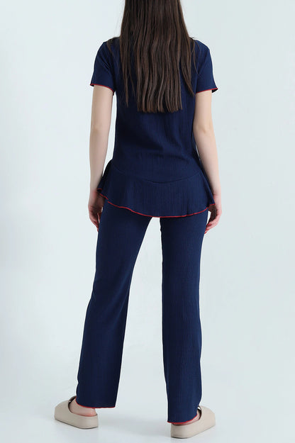 Navy Blue Twill Fabric Buttoned Women's Pajama Set - Denoss