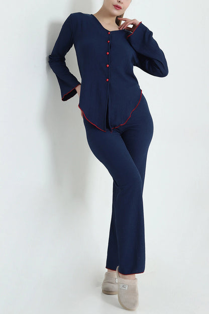 Navy Blue Buttoned Crepe Women's Pajama Set - Denoss