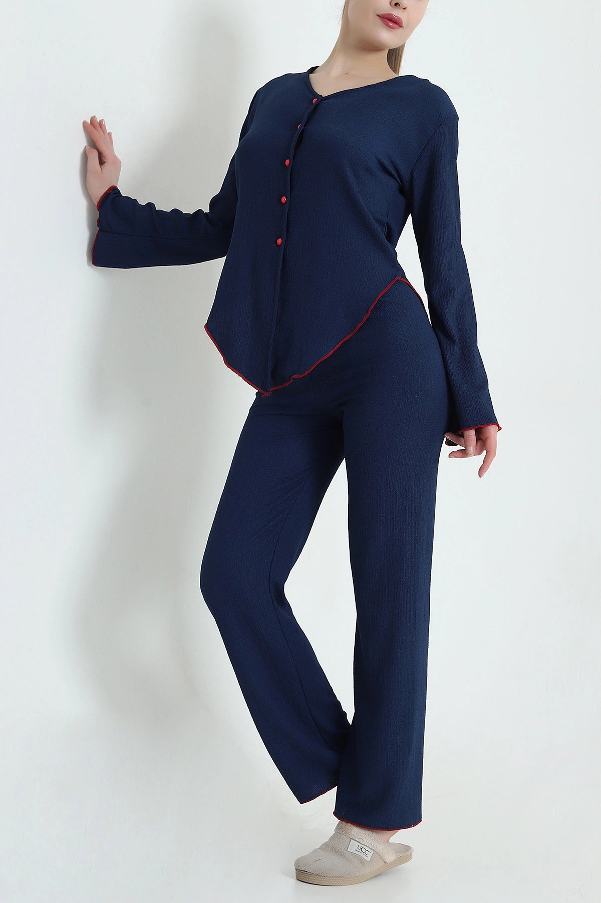 Navy Blue Buttoned Crepe Women's Pajama Set - Denoss