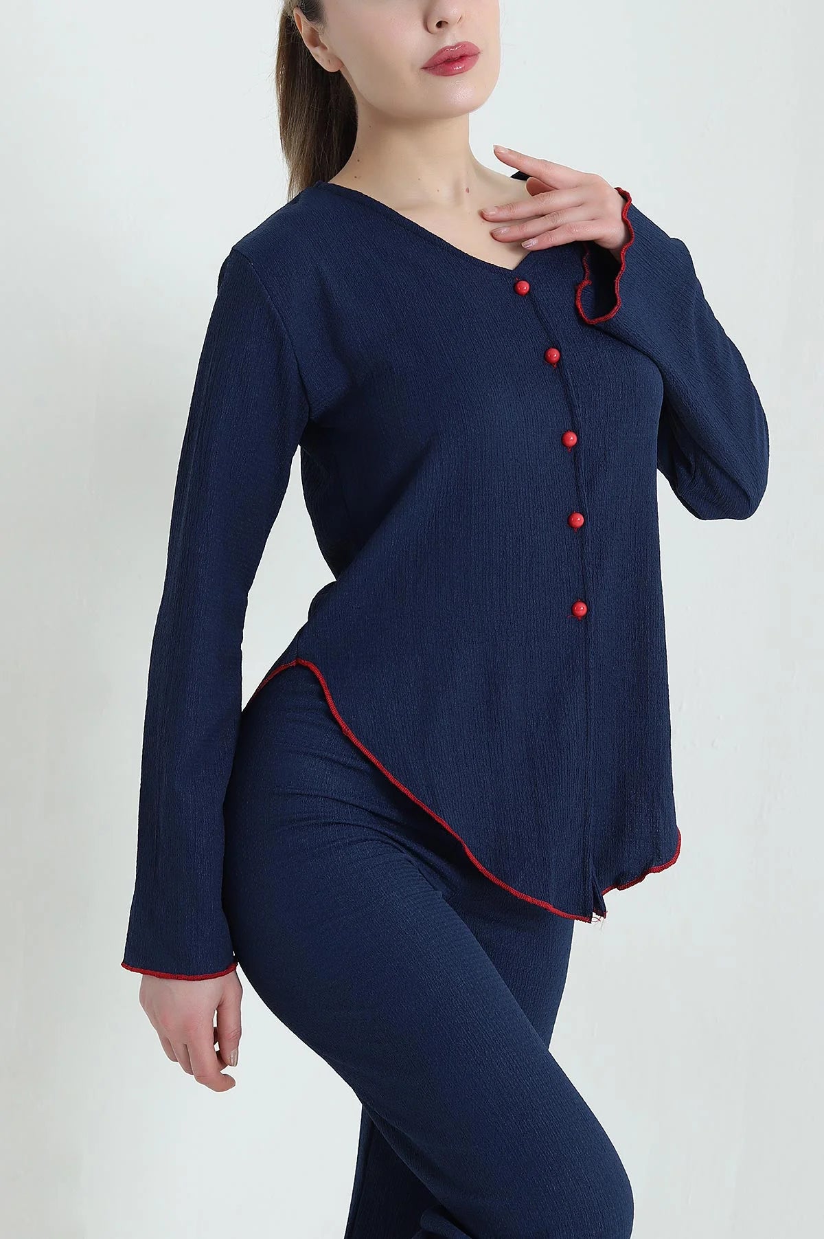 Navy Blue Buttoned Crepe Women's Pajama Set - Denoss