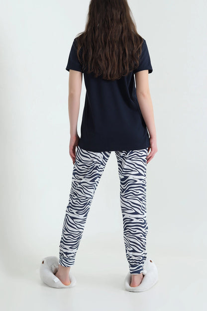 Navy Short Sleeve Single Jersey Women's Pajama Set - Denoss