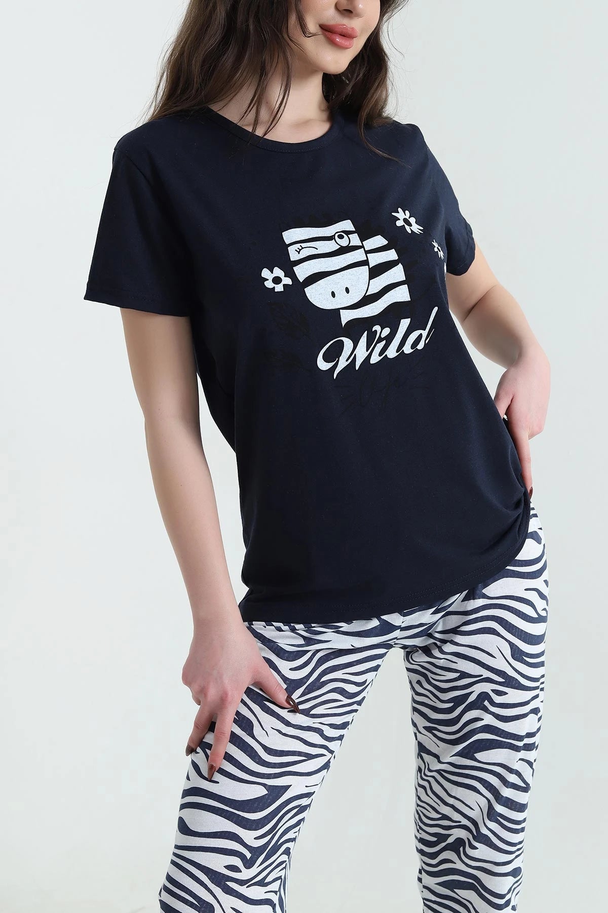 Navy Short Sleeve Single Jersey Women's Pajama Set - Denoss