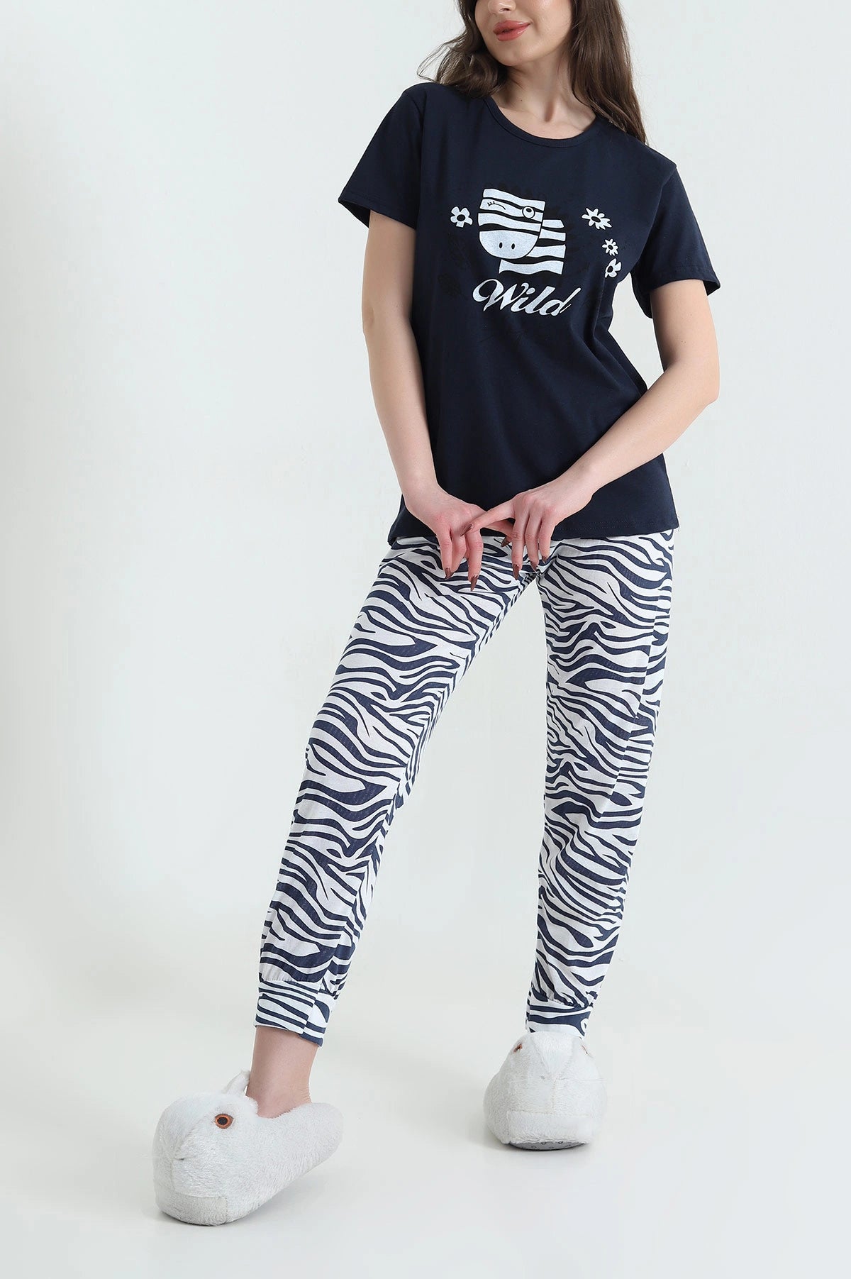 Navy Short Sleeve Single Jersey Women's Pajama Set - Denoss