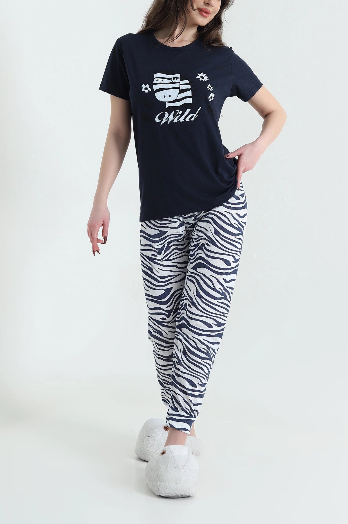Navy Short Sleeve Single Jersey Women's Pajama Set - Denoss