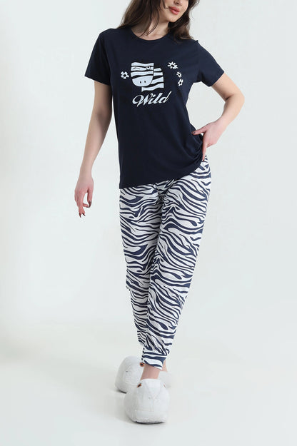 Navy Short Sleeve Single Jersey Women's Pajama Set - Denoss