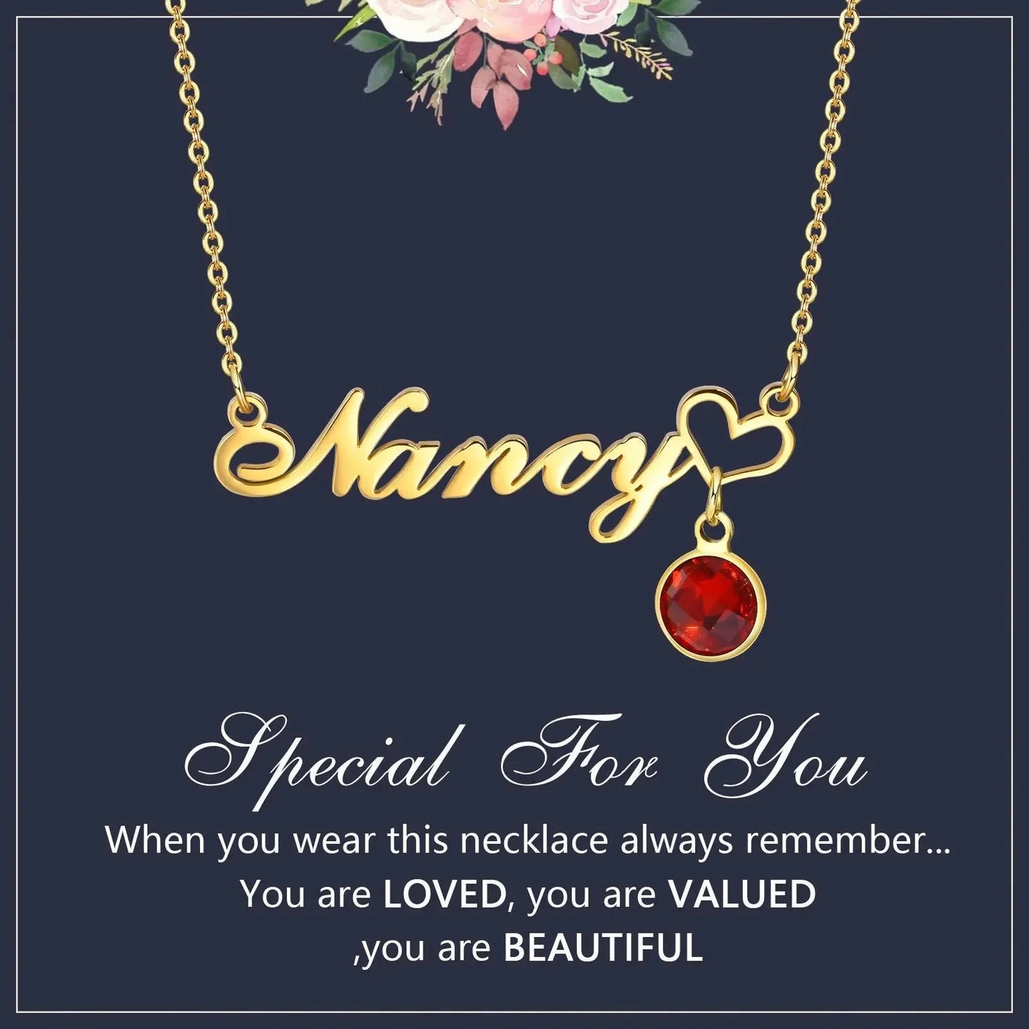 Personalized Heart Birthstone Gift Name Necklace With Birthstone