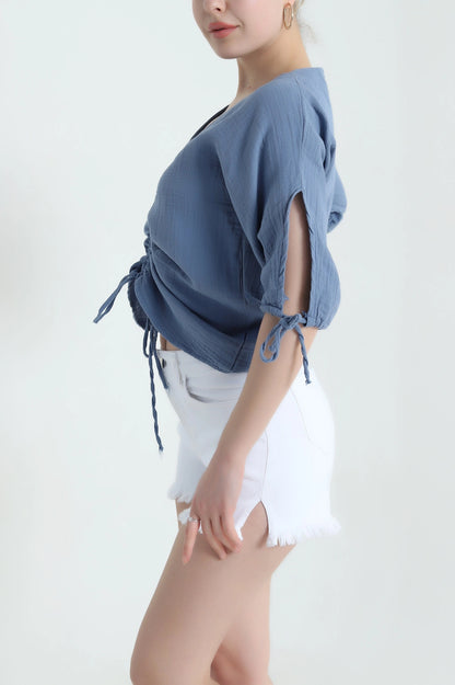 Blue Muslin Linen Women's Blouse - Denoss