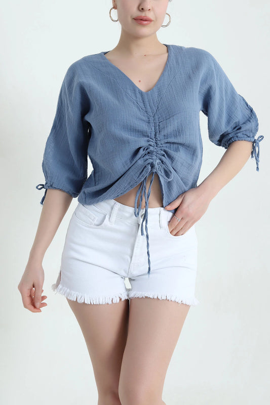 Blue Muslin Linen Women's Blouse - Denoss