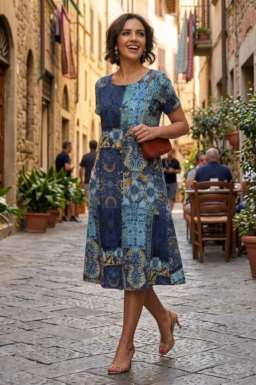 Blue Patch Round Neck Plus Size Dress - Denoss