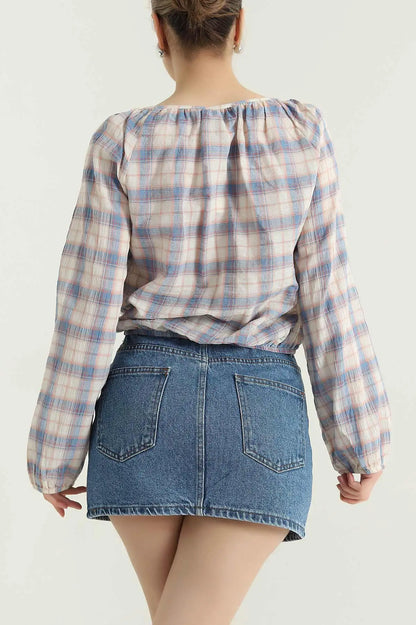 Blue Plaid Blouse for Women - Denoss