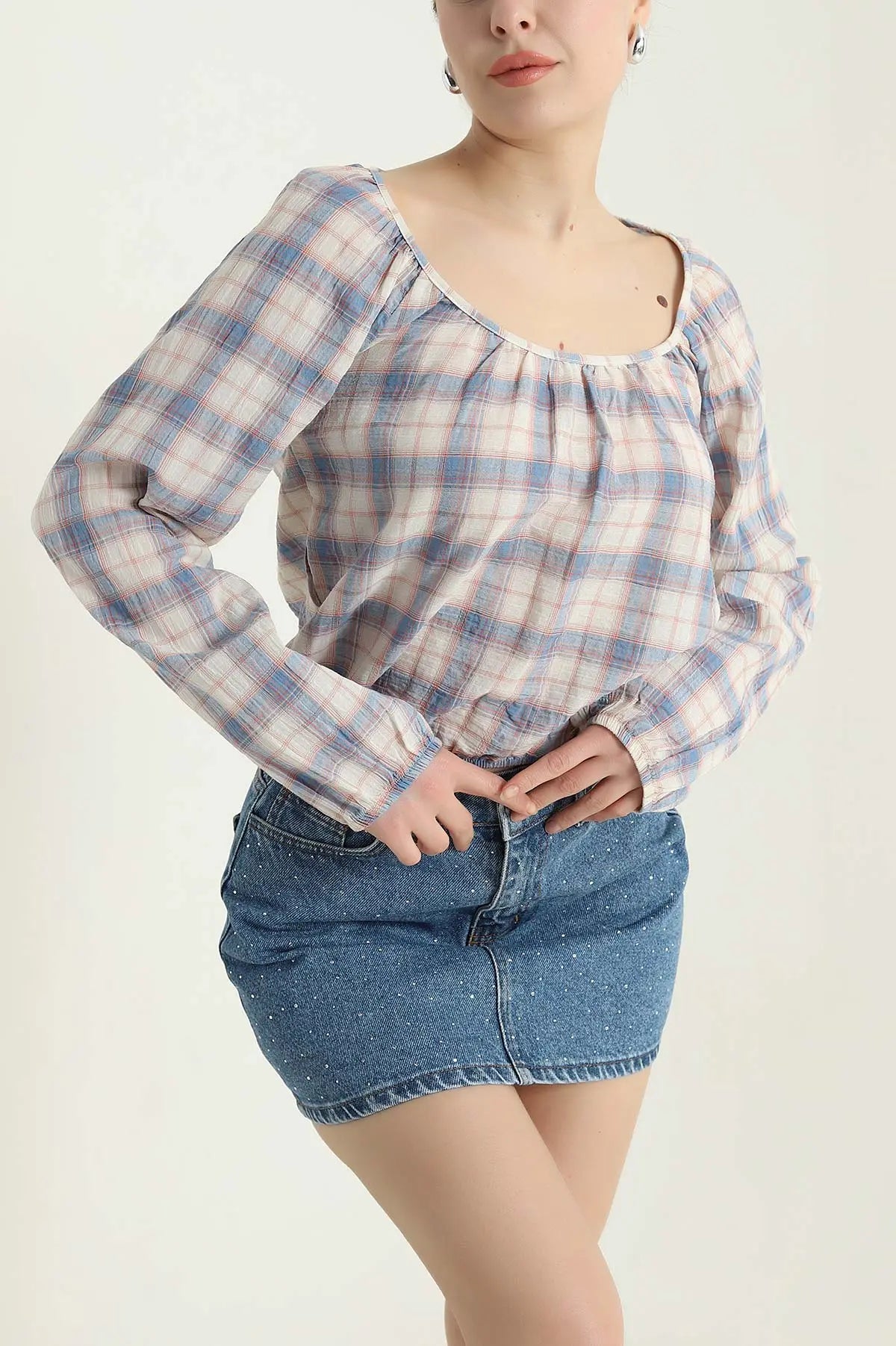 Blue Plaid Blouse for Women - Denoss