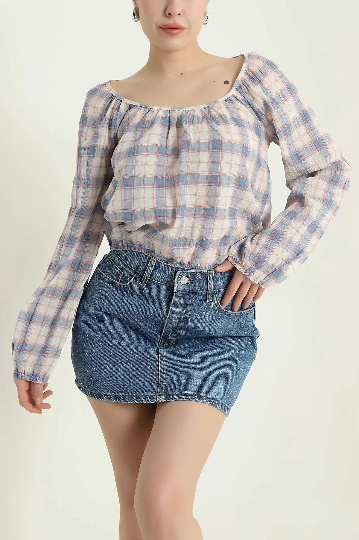 Blue Plaid Blouse for Women - Denoss