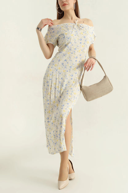 Blue Slit Patterned Madonna Collar Linen Women's Dress