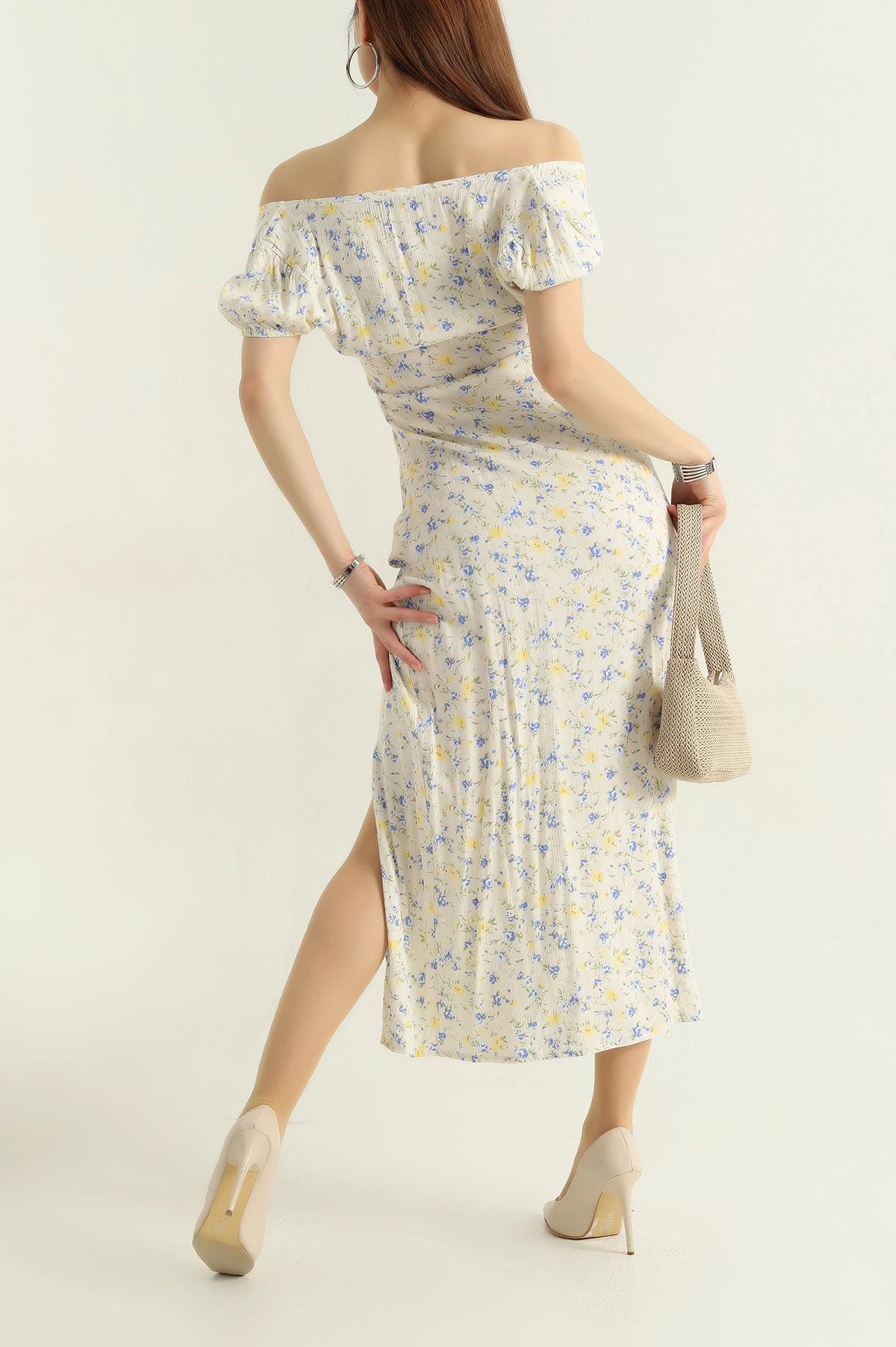 Blue Slit Patterned Madonna Collar Linen Women's Dress