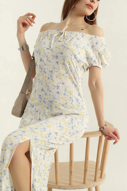 Blue Slit Patterned Madonna Collar Linen Women's Dress