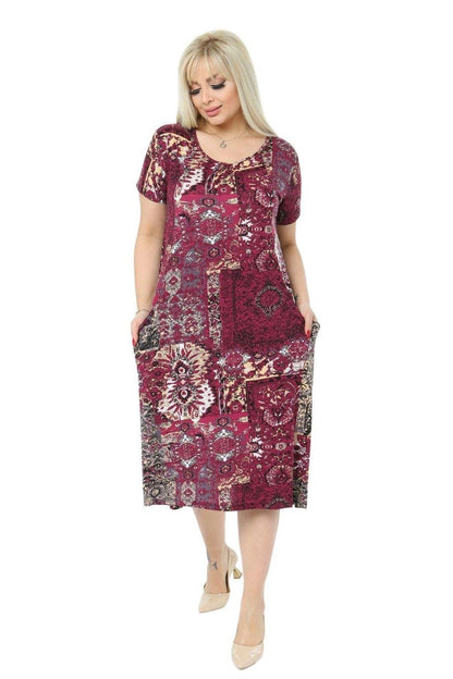 Burgundy Patch Pocket Short Sleeve Women's Midi Dress - Denoss
