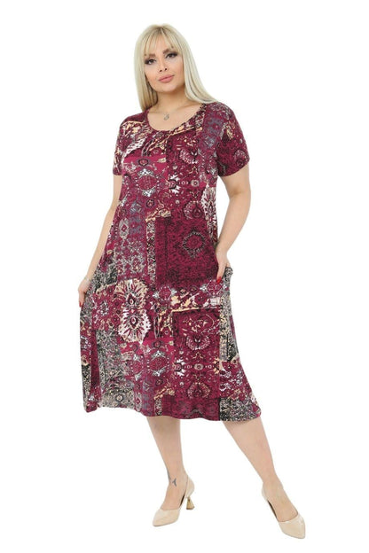 Burgundy Patch Pocket Short Sleeve Women's Midi Dress - Denoss