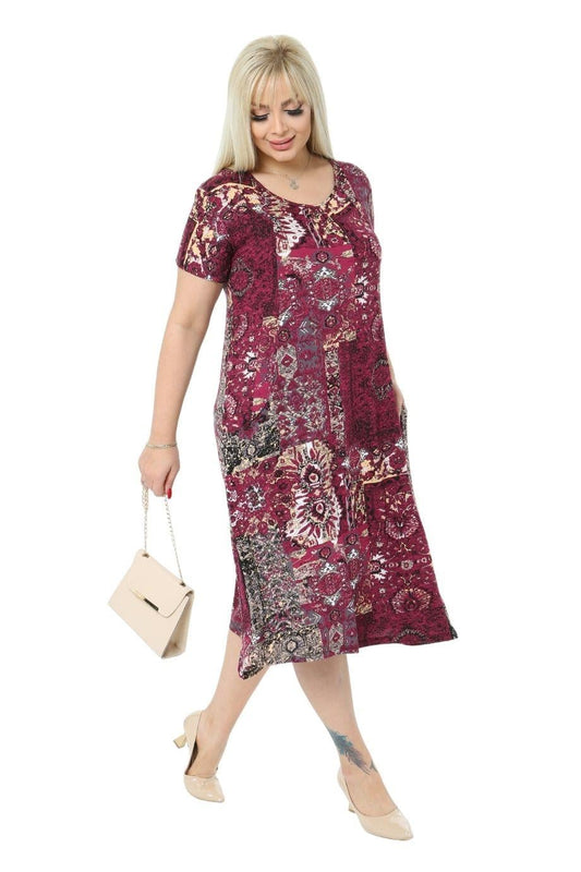 Burgundy Patch Pocket Short Sleeve Women's Midi Dress - Denoss