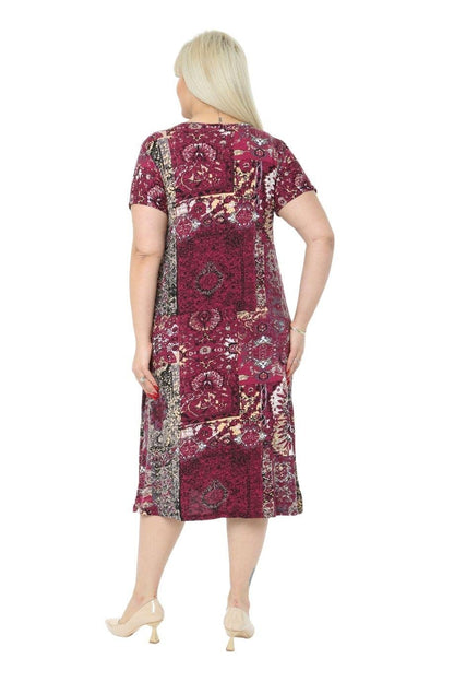 Burgundy Patch Pocket Short Sleeve Women's Midi Dress - Denoss
