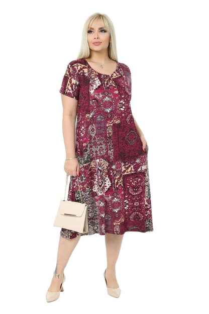 Burgundy Patch Pocket Short Sleeve Women's Midi Dress - Denoss