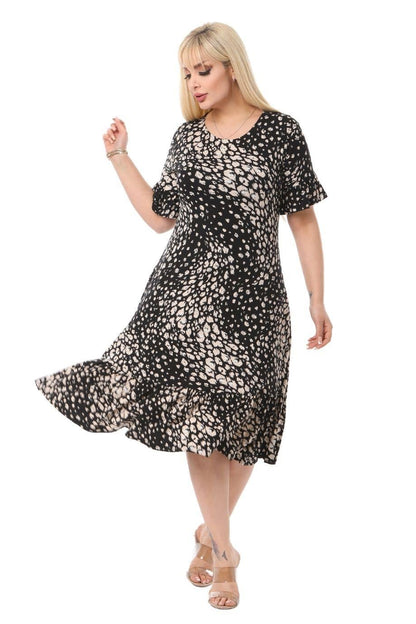 Pebble Pattern Pocket Ruffle Short Sleeve Women's Midi Plus Size Dress - Denoss