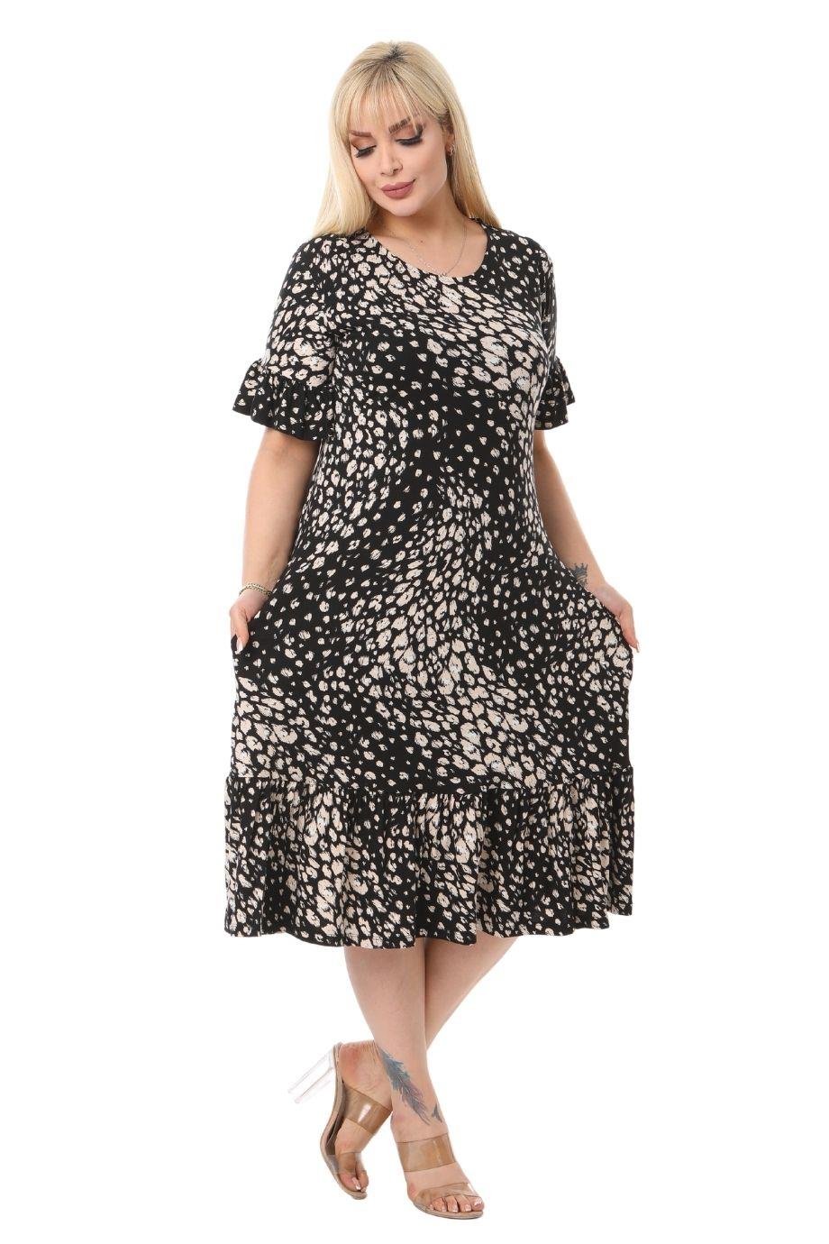 Pebble Pattern Pocket Ruffle Short Sleeve Women's Midi Plus Size Dress - Denoss