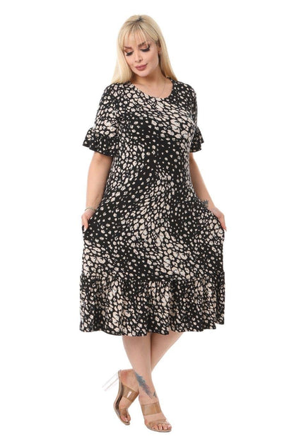 Pebble Pattern Pocket Ruffle Short Sleeve Women's Midi Plus Size Dress - Denoss