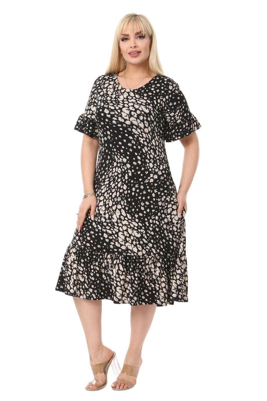 Pebble Pattern Pocket Ruffle Short Sleeve Women's Midi Plus Size Dress - Denoss
